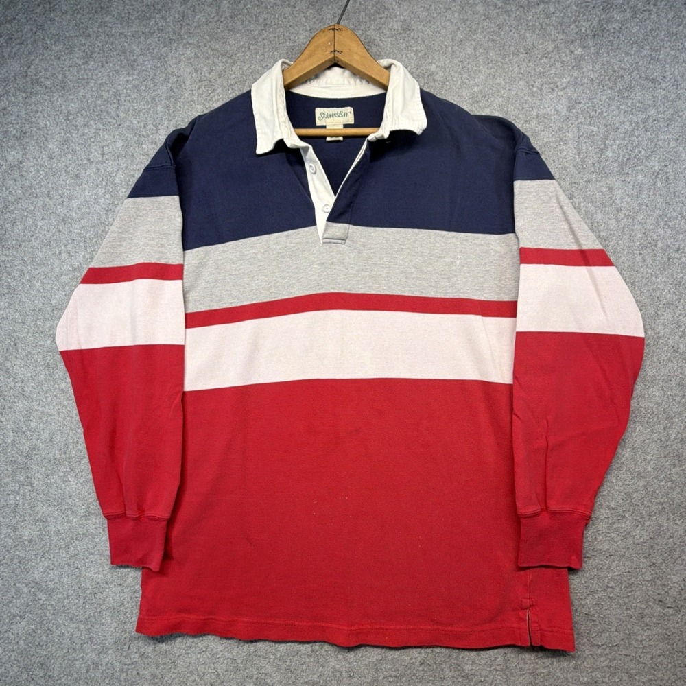 Vintage St Johns Bay Rugby Shirt Mens XL Blue Cotton Striped Long Sleeve 90s Y2K